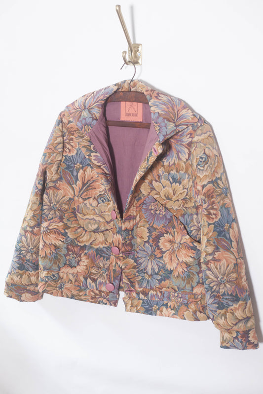 Veste tapisserie à fleurs bleu, beige et mauve