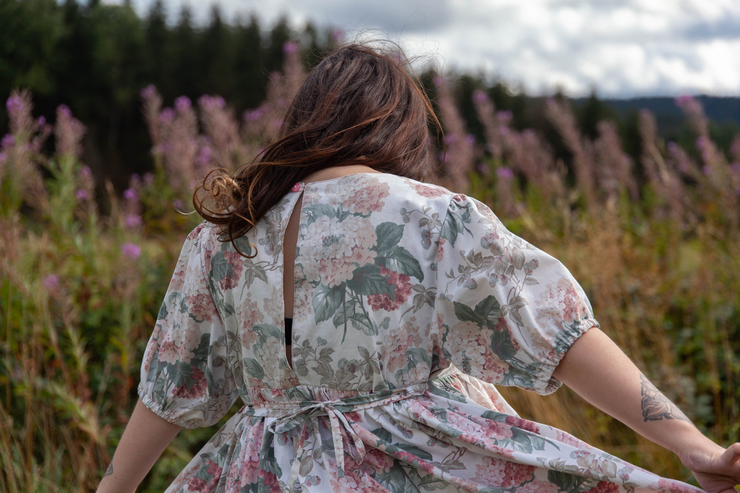 Robe coton blanche fleurs d'hortensia rose XL